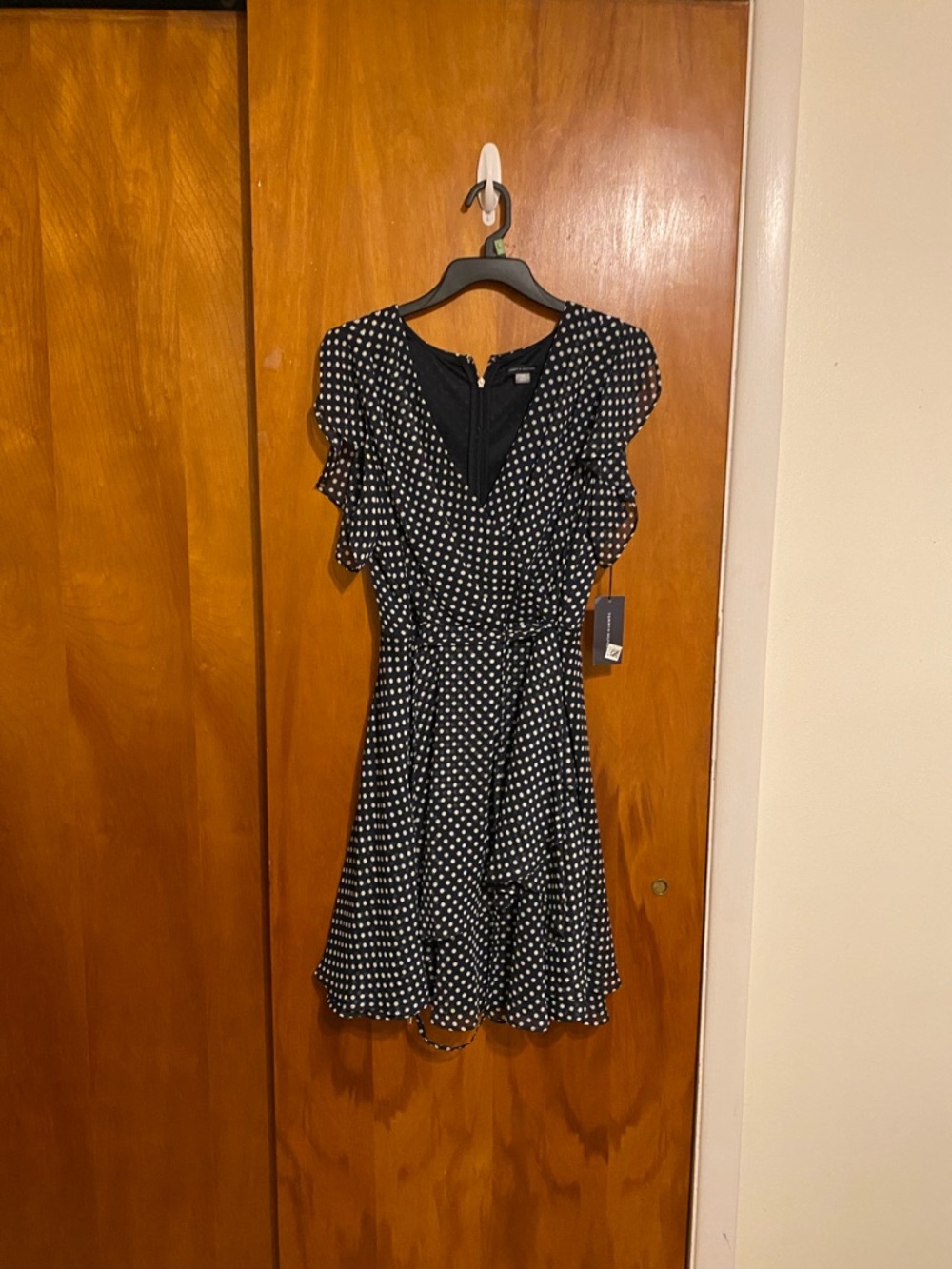 Tommy Hilfiger Black and White Polka Dot Mini Dress with V-Neckline